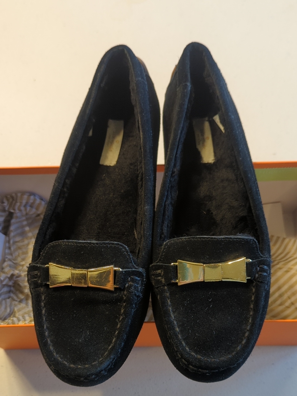 kate spade Black Suede Loafers with Gold Bow Accent